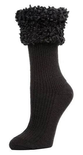 Women's Elegant Rib Cuffed Crew Socks -Black