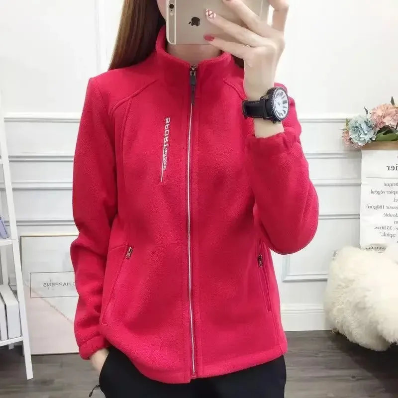 Women's Fleece Polar Coat Warm Thicken Plus Size Letter Printing Double-Sided Velvet Outerwear Coats Zipper Sports Sweatshirt