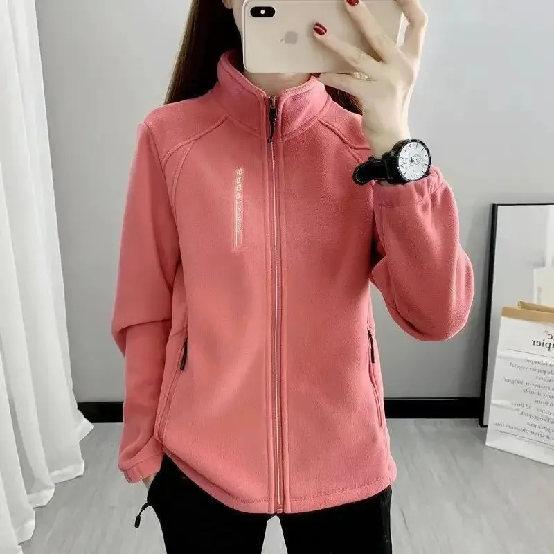 Women's Fleece Polar Coat Warm Thicken Plus Size Letter Printing Double-Sided Velvet Outerwear Coats Zipper Sports Sweatshirt