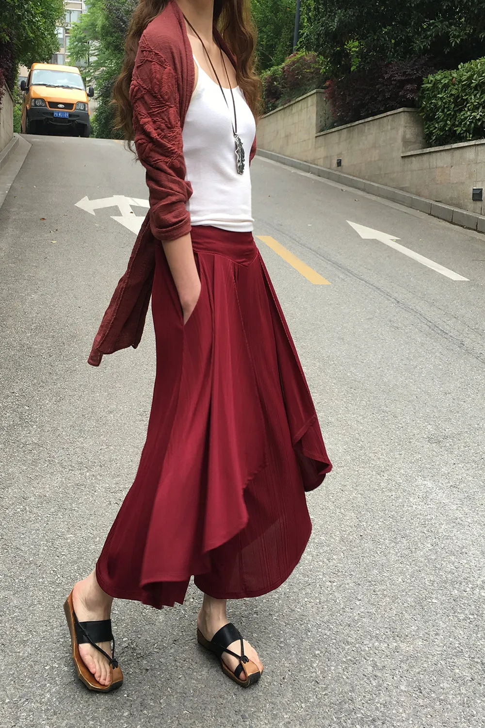 Women's pleated skirt pants/yoga skirt pants/oversized pants/elastic waist pants/asymmetrical trousers (K1661)