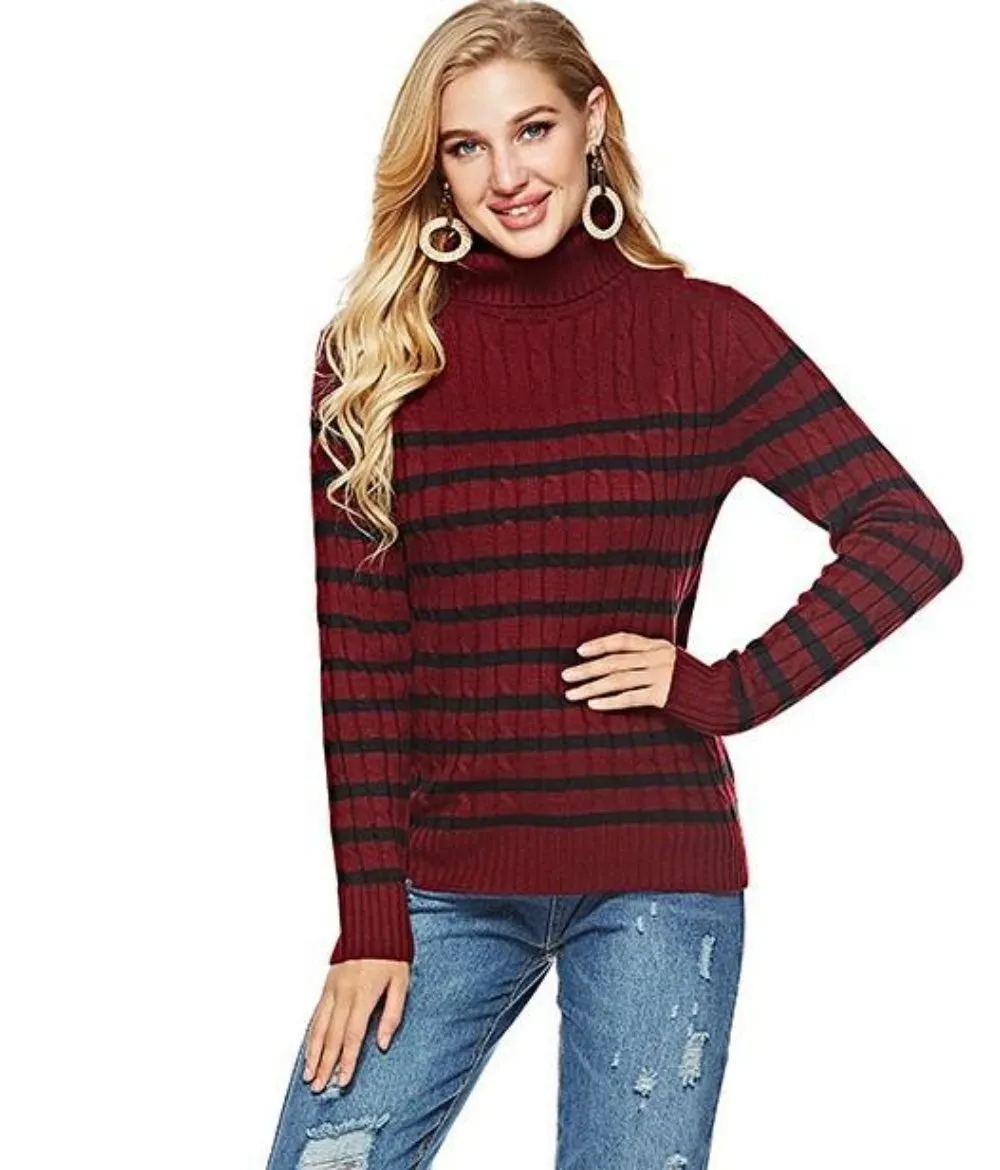 Womens Striped Slim Fit Turtle Neck Sweater