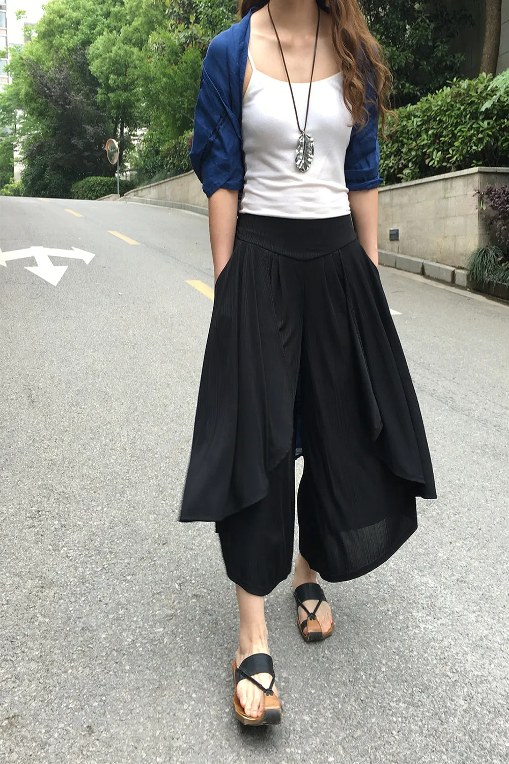 Women's yoga skirt pants/pleated skirt pants/oversized pants/elastic waist pants/asymmetrical trousers (K1661)