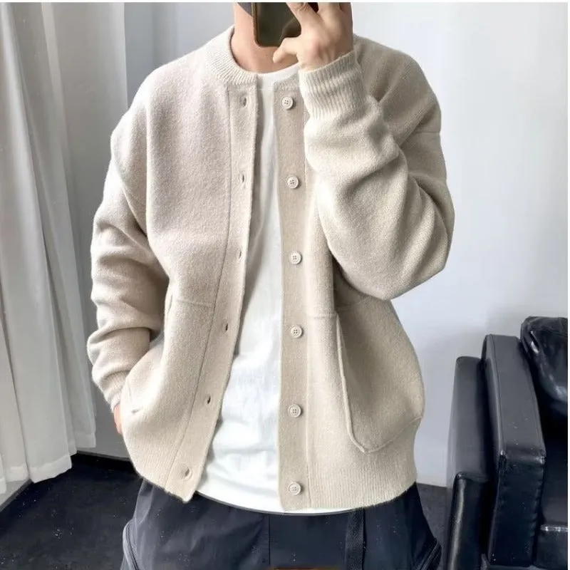 Wool Cardigan Men's Spring And Autumn Hong Kong Style Sweater Round Neck Jacket Simple Loose Thick Sweater Coat