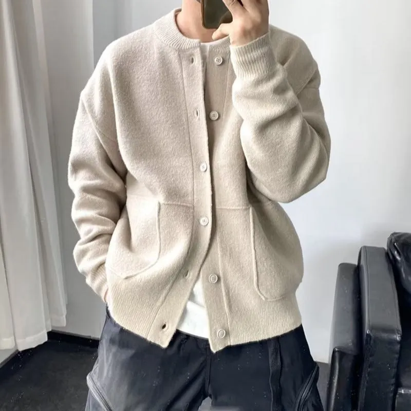 Wool Cardigan Men's Spring And Autumn Hong Kong Style Sweater Round Neck Jacket Simple Loose Thick Sweater Coat