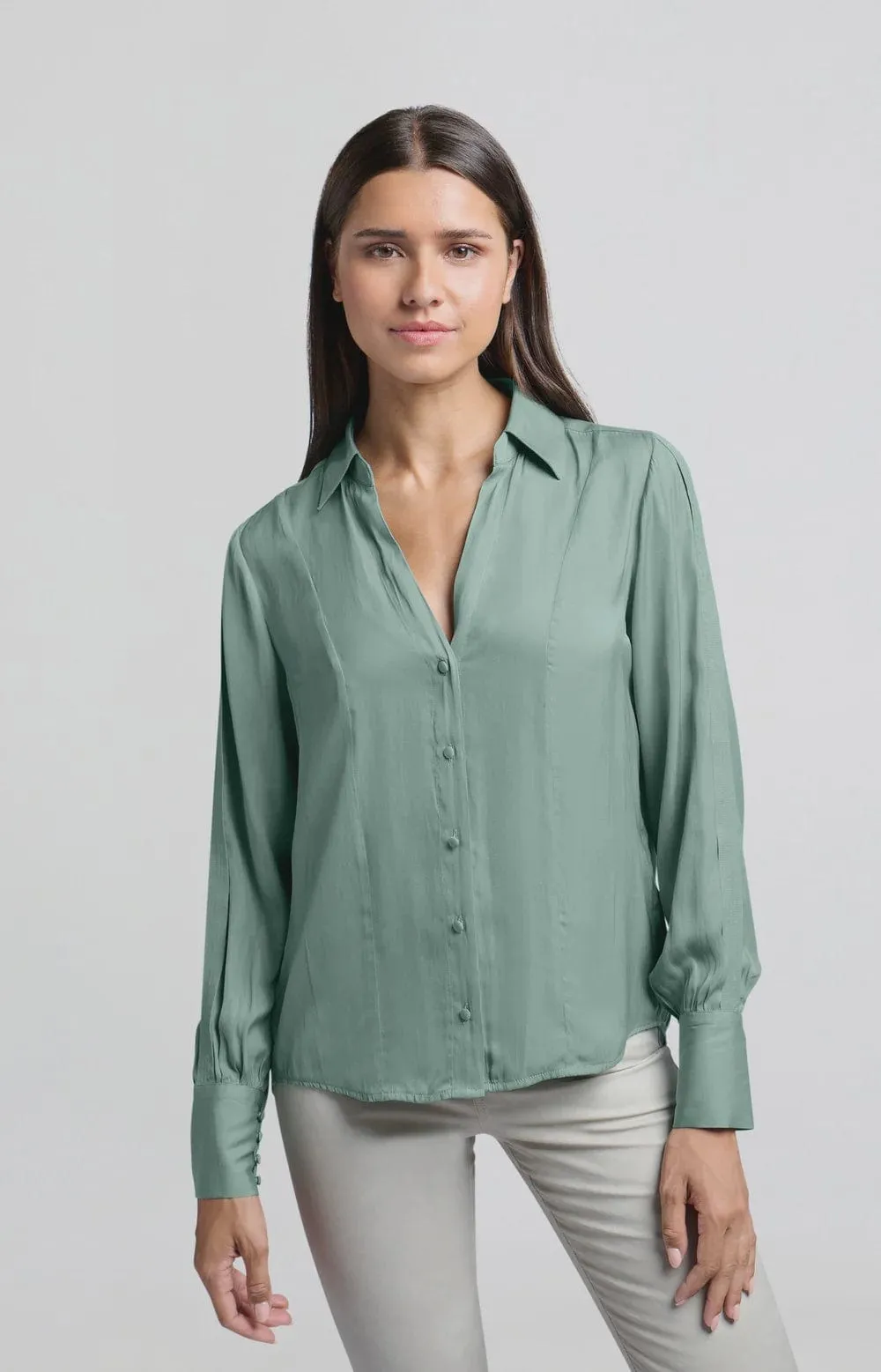 Yaya Blouse with Long Sleeves and Pleat Details Jade Green