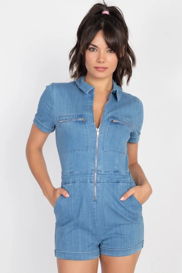 Zip Front Denim Collared Romper