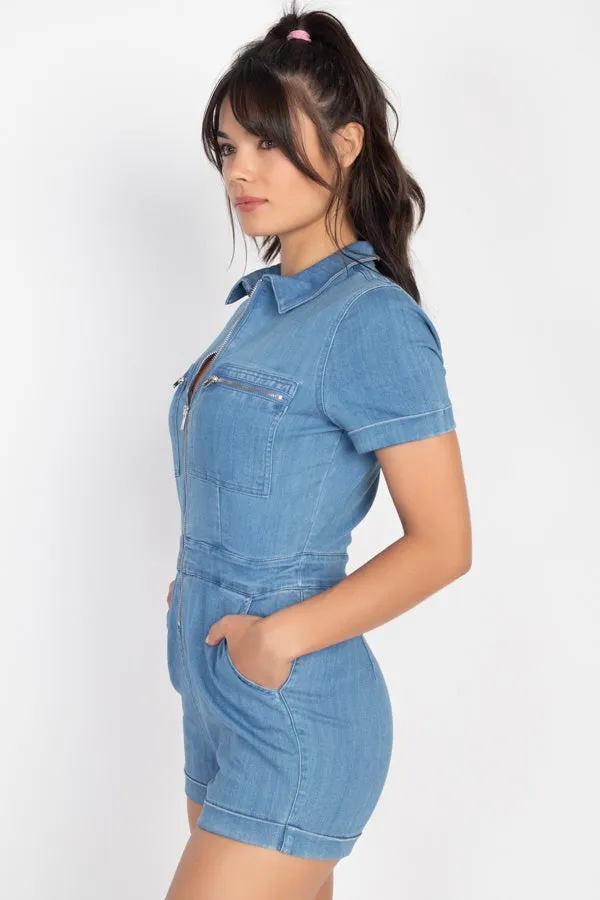 Zip Front Denim Collared Romper