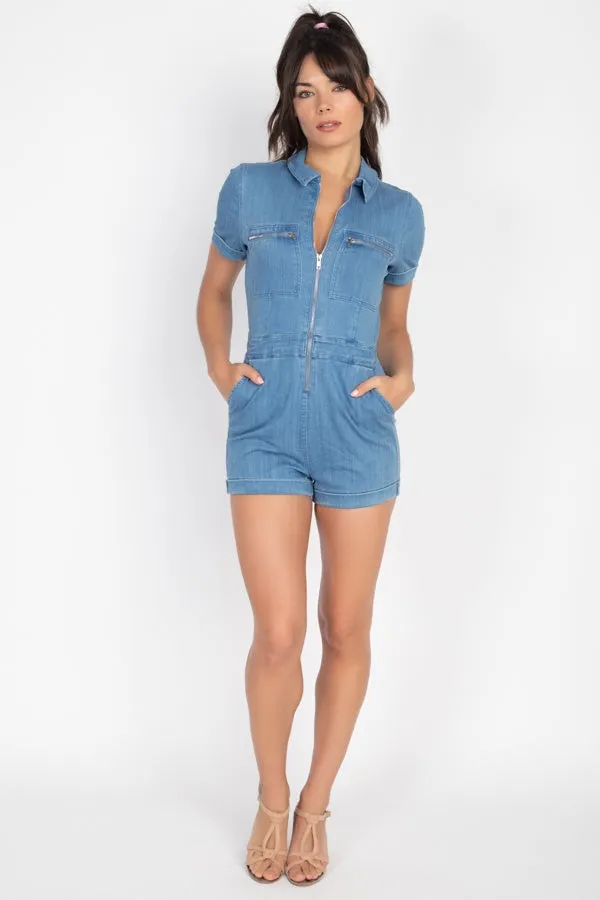 Zip Front Denim Collared Romper